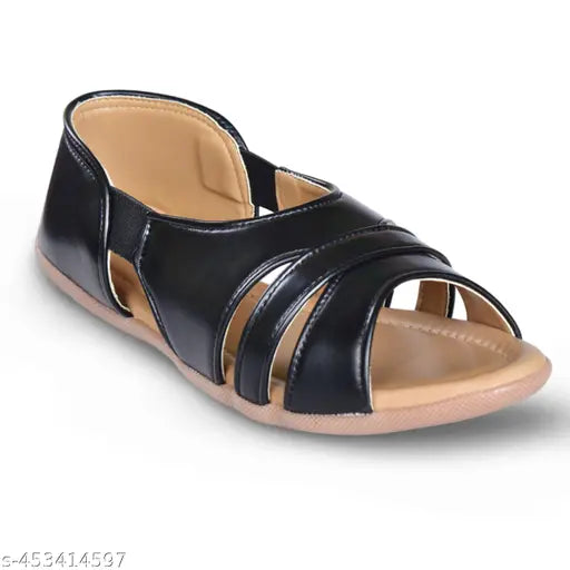 Stylish black flat shoes with open toes, perfect for casual wear and formal events