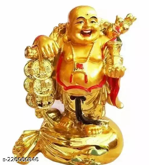 Golden resin Feng Shui Laughing Buddha figure, holding ingot and ruyi stick with coins, for home decor and wealth enhancement. (13 cm height)