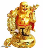 Golden resin Feng Shui Laughing Buddha figure, holding ingot and ruyi stick with coins, for home decor and wealth enhancement. (13 cm height)