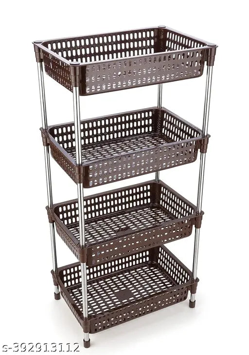 Multi-level plastic storage rack with metal frames, suitable for kitchen use, brown finish