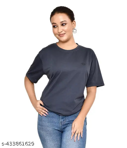 Cotton blend women's regular fit round neck t-shirt, comfortable and breathable, versatile western outfit in solid pattern, multiple size options available (S, M, L, XL, XXL)