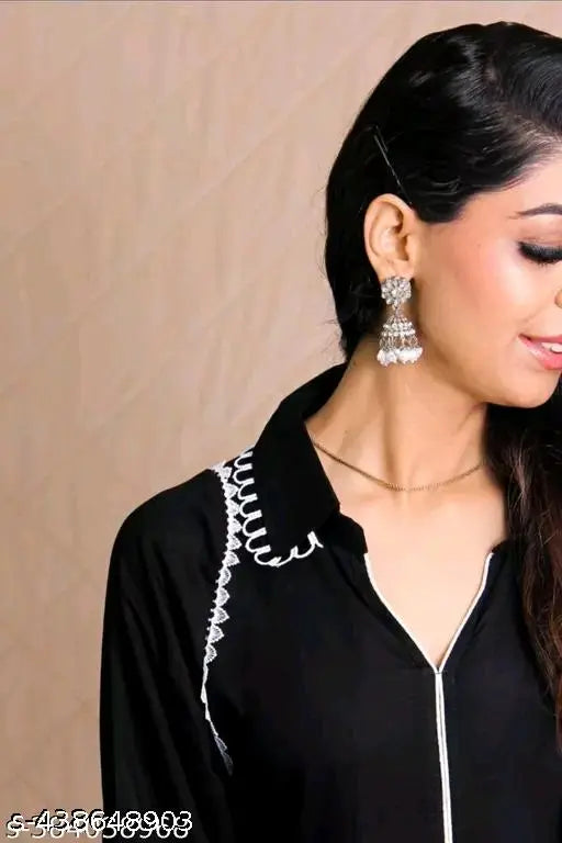 Black rayon embroidered kurti and pants with long sleeves, printed pattern, multiple sizes available