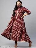 Red viscose rayon floral boat kurti with three-quarter sleeves and mandarin collar, Indian traditional style and front slit design