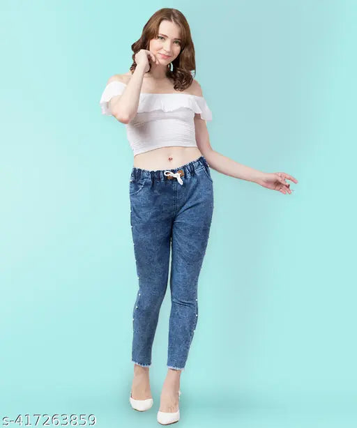 Stretchable Premium Denim Side Pearl Blue Jogger Jeans
