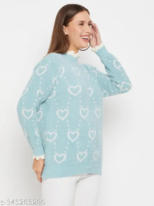 Camey Women's woolen winter high neck heart print sweater, full sleeve, casual wear for stylish, versatile outfits