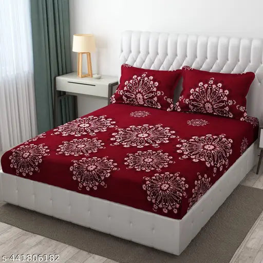 White botanical cotton king size bedsheet with elastic, 2 pillow covers for summer, adult use