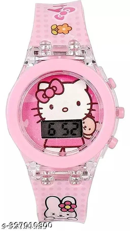Pink Hello Kitty watch with pink leather band, white face and black numbers