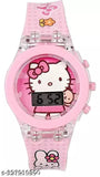 Pink Hello Kitty watch with pink leather band, white face and black numbers