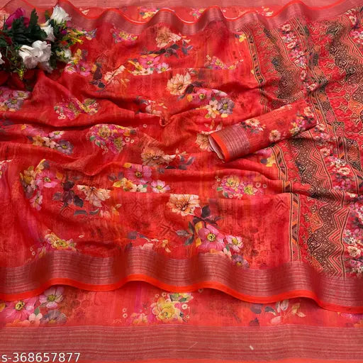 Red and gold silk saree with floral designs