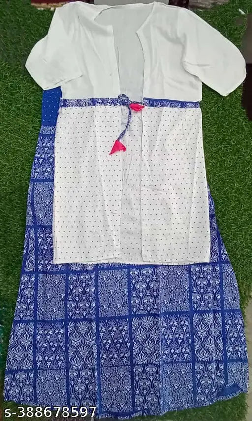 Blue printed checked rayon kurti with shrug, three-quarter sleeves - women's ethnic wear in soft solid colors for regular wear, perfect for a stylish, comfortable outfit. Made in India
