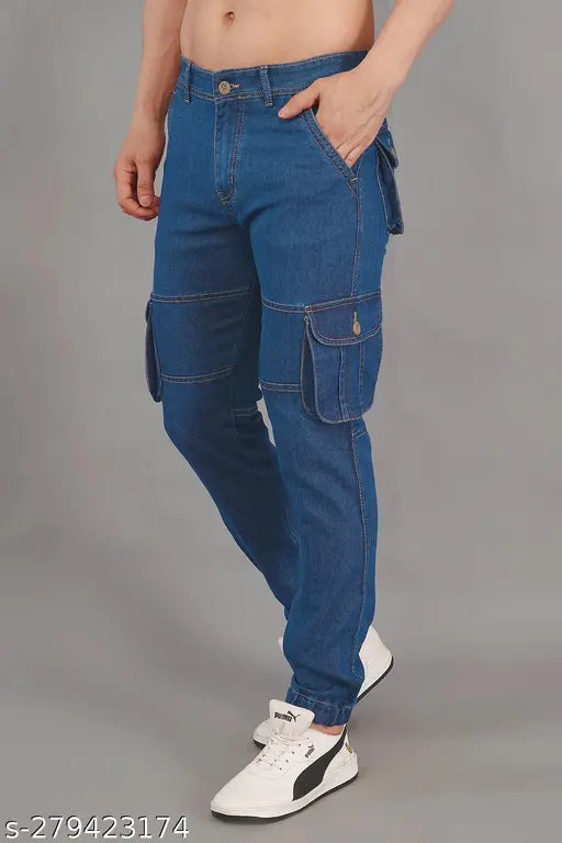 Nivasu blue denim cargo jogger for men - solid pattern, size 32 (Waist: 32", Length: 40", Hip: 40")