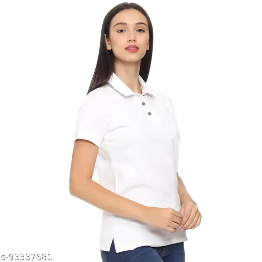Solid white cotton blend collar neck half sleeve side cut regular length T-shirt for women and girls, versatile casual wear with polo neck and short sleeves