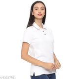 Solid white cotton blend collar neck half sleeve side cut regular length T-shirt for women and girls, versatile casual wear with polo neck and short sleeves