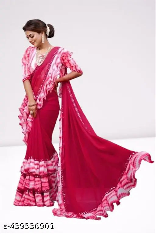 Pink georgette saree with blouse, ruffled frill details