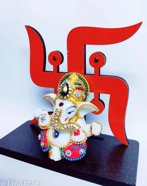Handcrafted stone-decorated Gracie Collection Lord Ganesha statue, modern Indian spiritual decor with wooden base (5.5cmL x 11cmH x 12cmB)