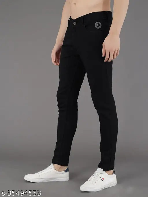 Black denim slim fit jeans for men by PODGE, high-quality stretchable fabric, comfortable pockets, durable, size 28, 30, or 34