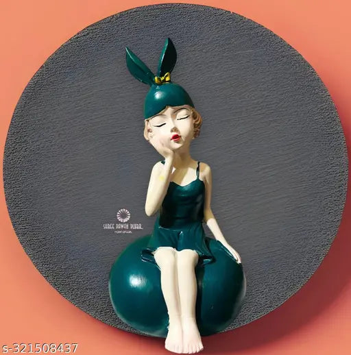 Modern green girl figurine, stone statue base, outdoor decoration, home living room, 8 inches height