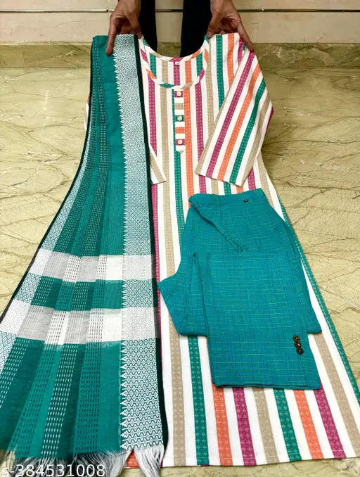 Cotton kurti pant set with dupatta, printed three-quarter sleeves, Indian women's fashion on mannequin