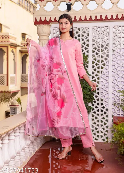 Pink cotton slub kurta pant, organza dupatta