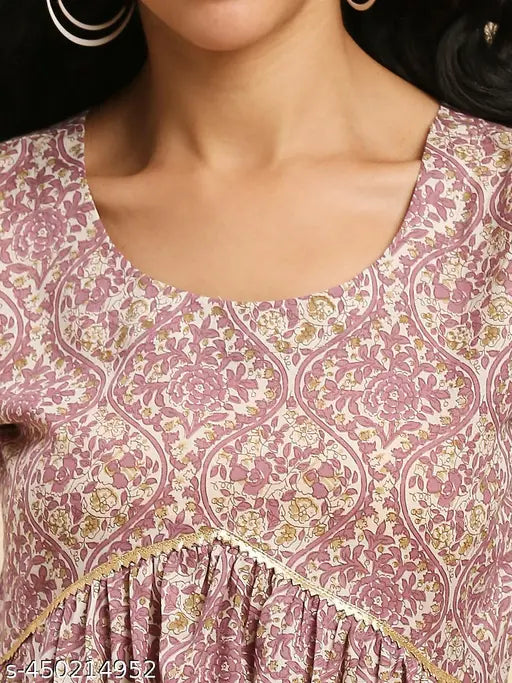 Printed cotton kurta set with palazzos, three-quarter sleeves, and cotton bottomwear. Indian women's fashion for S (Bust: 36in, Kurta Waist: 32in), M (Bust: 38in, Kurta Waist: 34in), L (Bust: 40in, Kurta Waist: 36in), XL (Bust: 42in, Kurta Waist: 38in), XXL (Bust: 44in, Kurta Waist: 40in) sizes