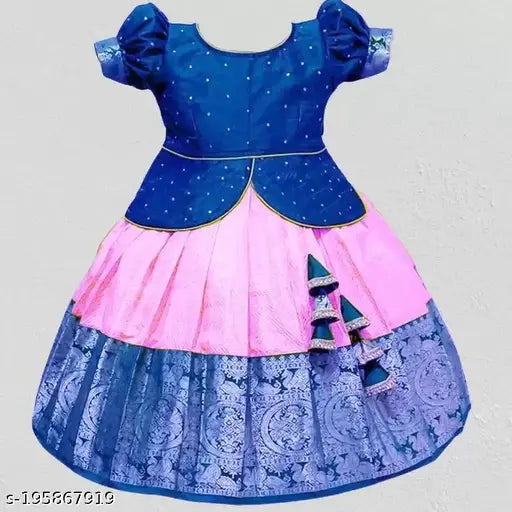 Soft silk, jacquard lehenga choli for kids with floral stitch and woven design, perfect for Mahamaham Festival or parties
