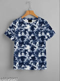 The image displays a tie-dye T-shirt with a blend of blue and white colors. The material appears to be cotton, giving it a soft and comfortable feel. This T-shirt is part of a women's or girls' collection, and it can be used for regular fit styles as well as oversized looks. It's an exclusive design from Kalindri, which makes it perfect for those who like unique and vibrant clothing