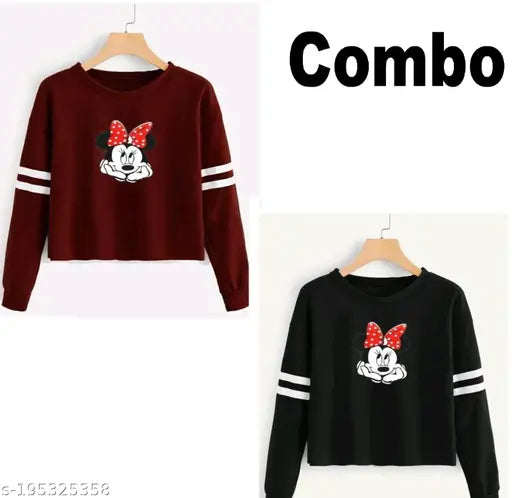 Cotton blend printed full sleeve round neck T-shirt (pack of 2), women & girls, vibrant design for year-round comfort