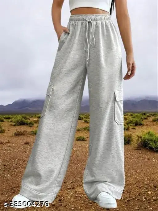 Grey women's cotton blend solid trousers with 6 pockets for daily wear, India-made