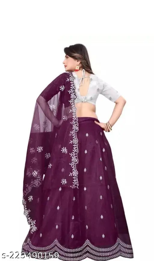 Embroidered net lehenga set with dupatta and unstitched blouse, free size, heavy dupion silk and net fabrics, multi thread embroidery work throughout, semi stitch and cut work border in lehenga up to 44 inches, length 41-43 inches, country of origin: India