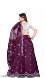 Embroidered net lehenga set with dupatta and unstitched blouse, free size, heavy dupion silk and net fabrics, multi thread embroidery work throughout, semi stitch and cut work border in lehenga up to 44 inches, length 41-43 inches, country of origin: India