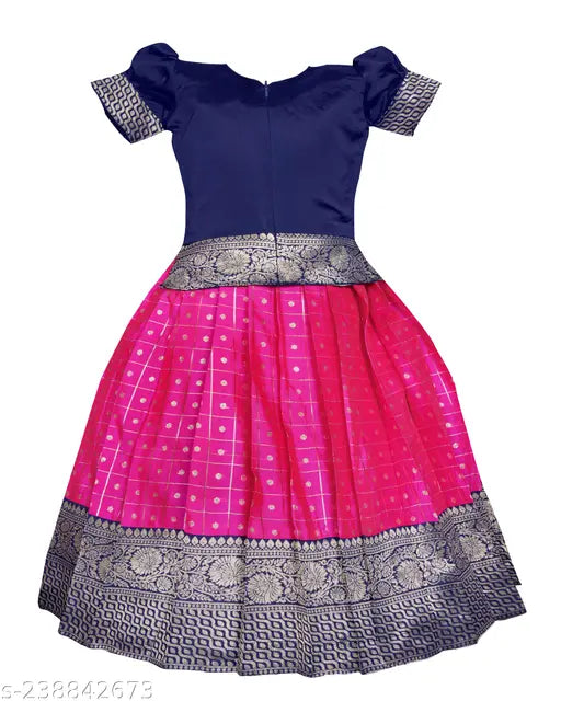 South Indian traditional pattu pavadai Lehenga choli for girls dress, taffeta silk with acrylic dupatta, short sleeves, self-design patterns, ready-to-wear, stitched net, cotton inner lining, back zipper closure