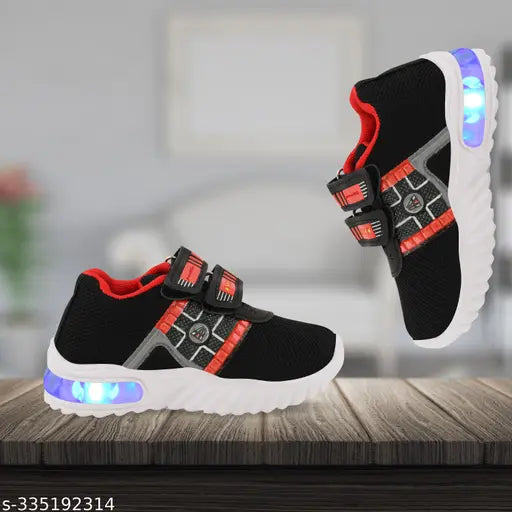 Lightweight EVA Kids' LED Shoes, printed net design, Velcro fastening, perfect for outdoor sports in black and red