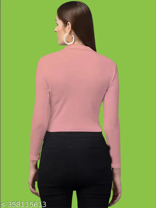 Peach polyester blend collared V-neck t-shirt with long sleeves, casual and stylish