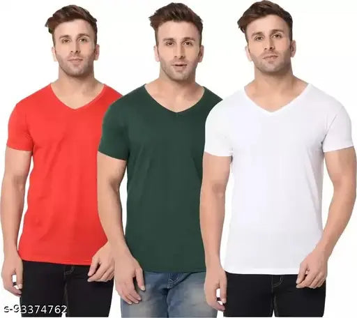 RedBottleWhite men's V-neck half sleeve cotton t-shirt, solid design on display rack