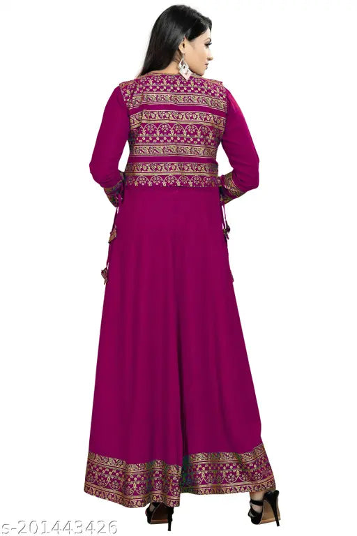 Maroon rayon Anarkali kurti jacket with lace border, three-quarter sleeves. Printed net pattern for attractive party wear, M - XXL sizes