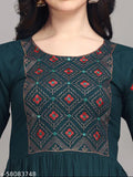 Embroidered rayon blue kurti with three-quarter sleeves, Indian fashion for women's size M (38" bust)