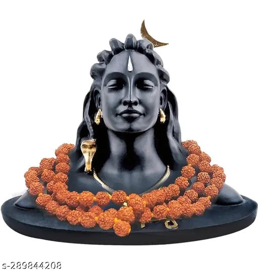 Black resin statue of Lord Shiva with Rudraksha Mala around neck, seated on crescent moon, against orange and red beads background