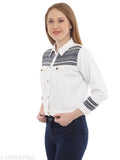 White denim stripe jacket with navy accents, long sleeves and embroidered pattern. S (18in bust, 19in length), M (19in bust, 19in length), L (20in bust, 20in length), XL (21in bust, 20in length). India origin
