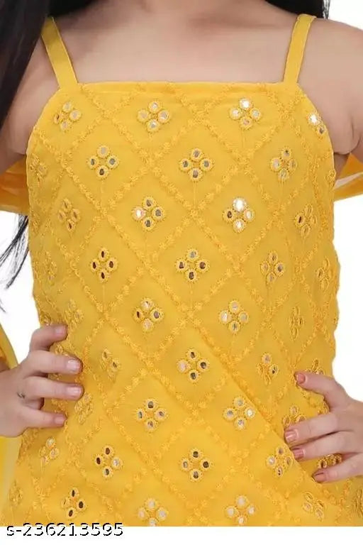 Navy blue rayon embellished palazzo kurta set with long sleeves and belt design, suitable for girls aged 2-7 years. India origin