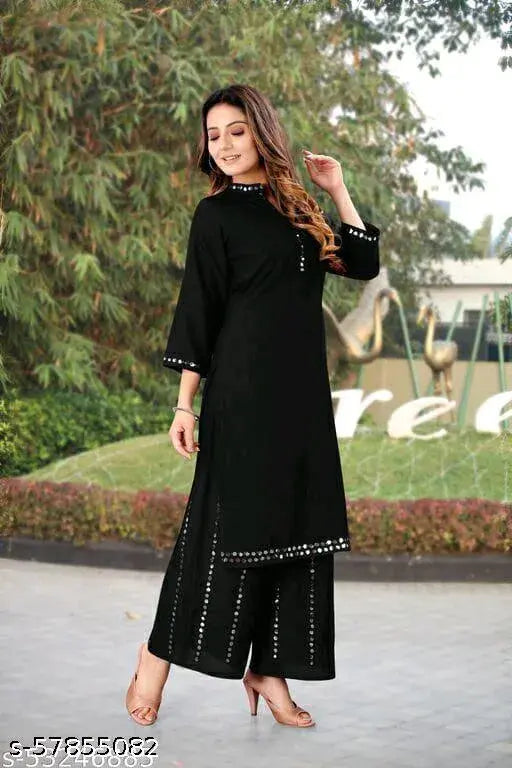 Rayon ethnic festival wear kurta with palazzo, solid net three-quarter sleeve, mirror work, Indian partywear