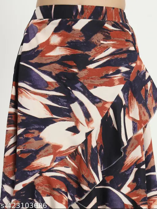 Abstract print midi skirt, crepe fabric, pleated A-line silhouette. Versatile, elegant style for casual or special occasions. Made in India (Size: 28/30/32/34)