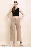 Women's N1 beige cargo pocket pant and trouser in solid cotton lycra, available in sizes S, M, L, XL. Shown here is a 28-inch waist size with length of 36 inches. Made in India