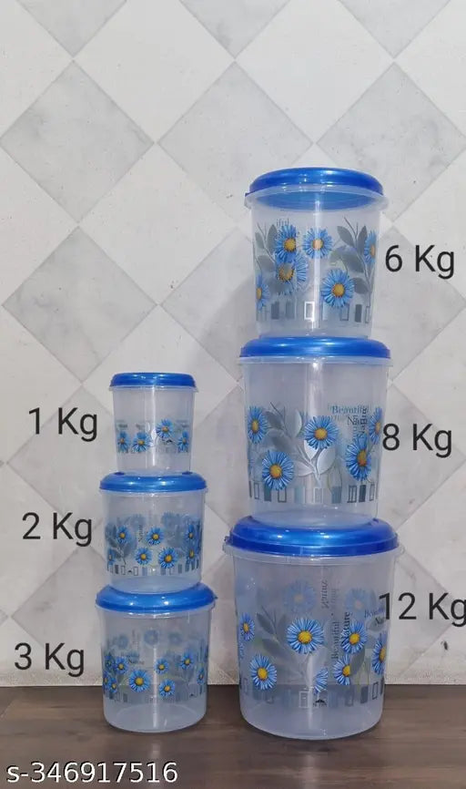 Blue Veksin plastic printed container set with 6 pieces in different sizes: 12kg, 8kg, 6kg, 3kg, 2kg, 1kg. Grocery containers
