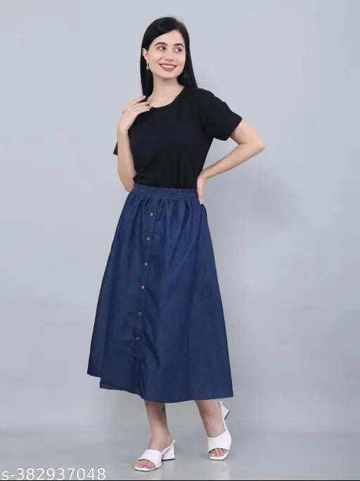 Below-knee length A-line denim skirt, elastic waist, solid blue - versatile plus-size choice for all seasons, Western inspired design