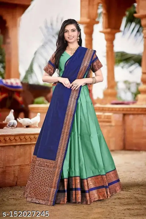 Art Silk South Indian flared bridal lehenga choli for girls with Chanderi silk dupatta, unstitched and zari-patterned. Pair with heels or flats for a stunning look. 100% best quality