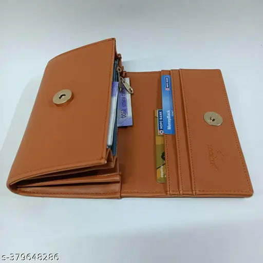 Fashionable beige designer women's cardholder wallet with two card slots and money compartment, white credit card peeking through