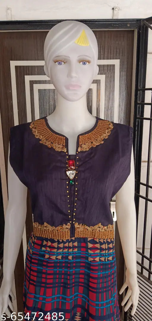 NEW women's sleeveless jacquard gown, printed net, free size (India)