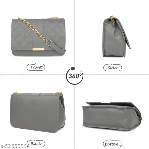 Grey satin clutch with golden hardware, rectangular shape