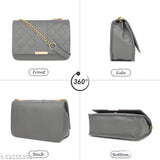 Grey satin clutch with golden hardware, rectangular shape