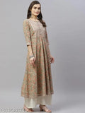 Beige printed cotton anarkali kurta for women and girls, 3/4 sleeves, lightweight, ideal for parties and events